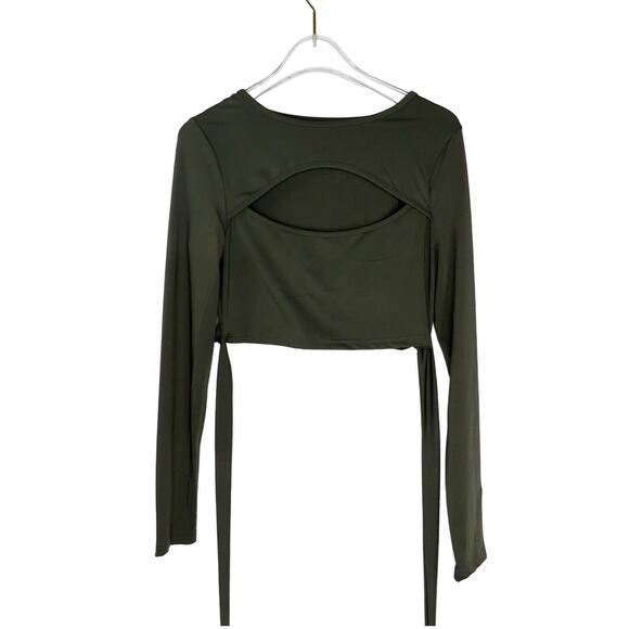 Shein Olive Green Open Cut Out Criss Cross Wrap Tie Long Sleeve Crop Top Small - Picture 2 of 7